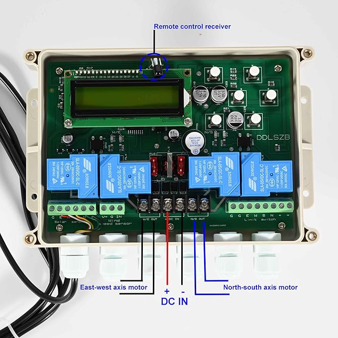 Dual Axis Solar Tracker Controller, Automatic Sun Tracking Controller, Solar Panel Solar Tracking System Control Kit with Sunlight Sensor, Wind Speed Sensor, 2 Limit Sensor, Remote Control