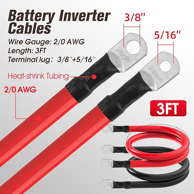 2/0 AWG Battery Cable 2/0AWG Gauge Battery Inverter Cables for Automotive Solar Marine Boat RV Car Motorcycle (2/0 AWG, 3FT, 3/8"+5/16")