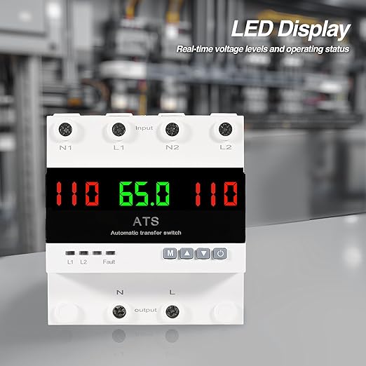 63A 110V Automatic Transfer Switch, Auto/Manual Generator Transfer Switch, DIN Rail Mount ATS with LED Display Safety Protections for Home Generator Inverter Utility Power L1 Priority Phase Selector