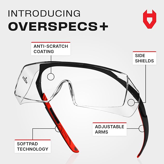 NoCry Safety Glasses Over Eyeglasses for Men and Women with Anti Scratch Lenses and Integrated Side Shields — Adjustable Temples with Anti-Slip Tips — 100% UV Protective Eyewear — ANSI Z87 (10-pack)