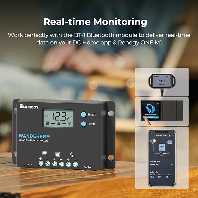 Renogy 10A Solar Controller with Wireless BT-1 Module-12V/24V PWM + App Monitoring, IP32/IP54 Waterproof for RV/Marine/Off-Grid Lithium Systems