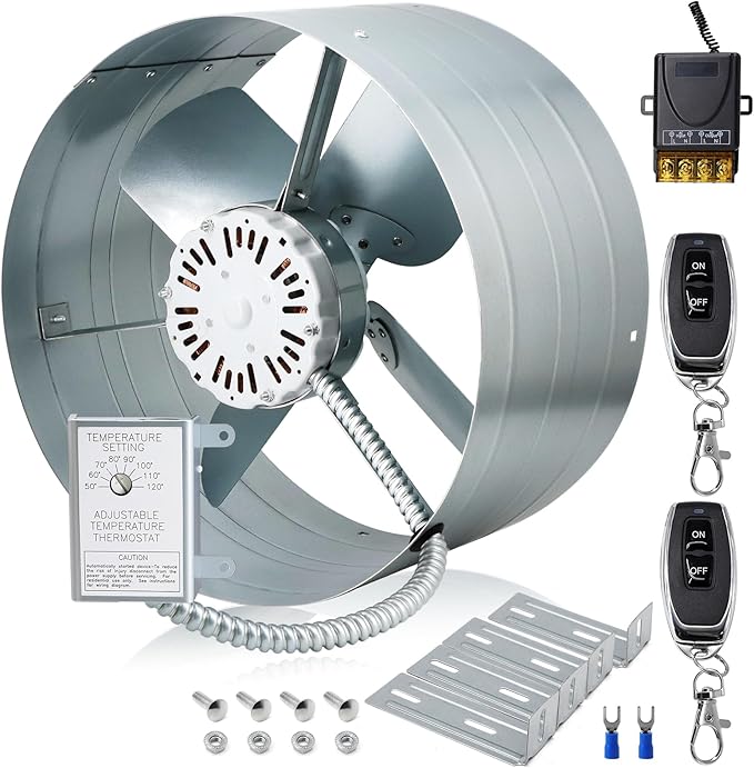 Hiorucet Upgraded 15 Inch Gable Vent Attic Fan with Switch, 1600CFM 2400 SQF High Performance Low Noise Exhaust Fan with Adjustable Thermostat, 14 Inch Blade and Permanently Lubricated Motor 1050RPM.