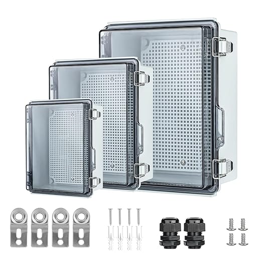 Small Waterproof Electrical Junction Box，IP67 Waterproof Clear ABS Plastic Enclosure Boxes for Outdoor Garden with Hinged Cover, Mounting Plate, Wall Brackets, Cable Glands (8.7"x6.7"x4.3" Clear)