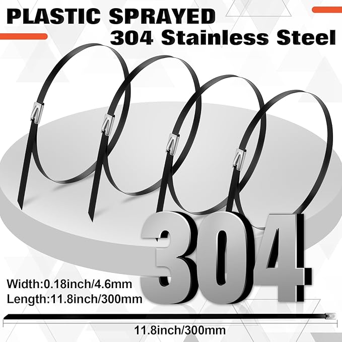 Black Metal Zip Ties Heavy Duty 11.8 inch for Outdoor Use, Stainless Steel Epoxy Coated Cable Chain Link Fence Zip Ties, Durable Metal Wire Ties Strap UV Resistant