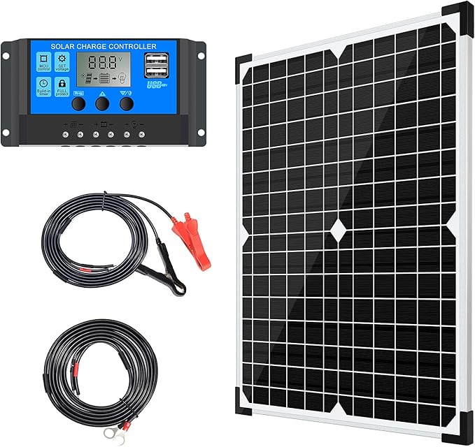 Solar Panel Kit 20W 12V Monocrystalline,Battery Maintainer +10A Solar Charge Controller + Extension Cable with Battery Clips O-Ring Terminal for RV Marine Boat Off Grid System