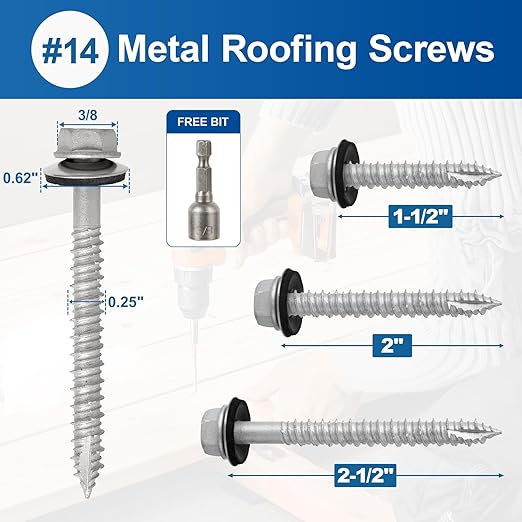 Metal Roofing Screws #14×2Inch, 320-PCS, Hex Head Rustpert Coating Sheet Metal to Wood Siding Screw with EPDM Rubber Washer, Sharp Point, Hex Socket Included
