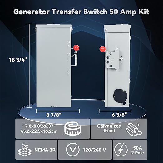 Generator Transfer Switch 50 Amp Kit, 100 Amp Double Throw Transfer Switch Built in 50 Amp Power Inlet (ETL Listed), 120/240V, Stronger Stability, NEMA 3R Enclosure for Outdoor, 10-Year Warranty
