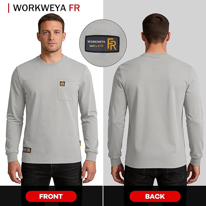 WORKWEYA Men's FR Shirts 6.5oz Lightweight Long Sleeve Flame Resistant T-Shirt NFPA 2112/CAT2