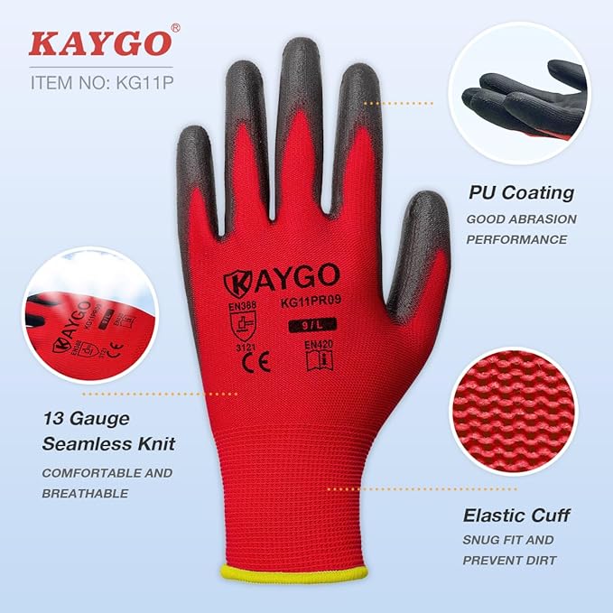 KAYGO Work Gloves for Men and Women, 60 Pairs Seamless Knit PU Coated Safety Gloves, with Smooth Grip on Palm and Fingers, Ideal for Light Warehouse, Manufacturing, Gardening, KG11P (L, Red)