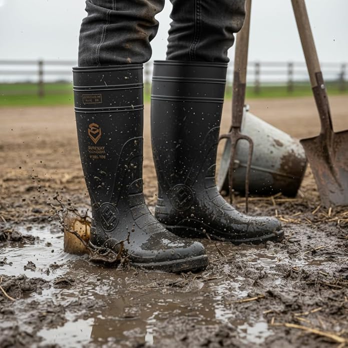 SUREWAY Steel Toe Rain Boots for Men, Knee High Waterproof Work Boots with Slip & Oil Resistant Outsole for Industrial, Construction, Agriculture