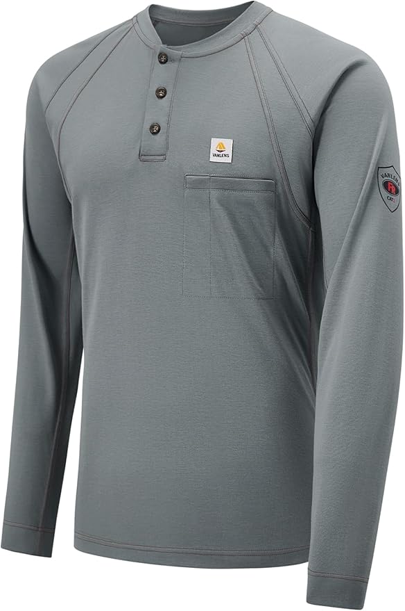 FR Shirts for Men Light Weight Flame Resistant Henley Shirts Long Sleeve Shirts HRC2/CAT2 6.5oz 100% Cotton