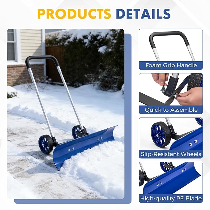 Heavy-Duty Snow Shovel for Driveway - 2-Wheel Snow Shovel with 37-Inch Steel Blade, Adjustable Handle & Blade Angle for Effortless Snow Removal, Perfect Snow Plow for Driveways and Sidewalks