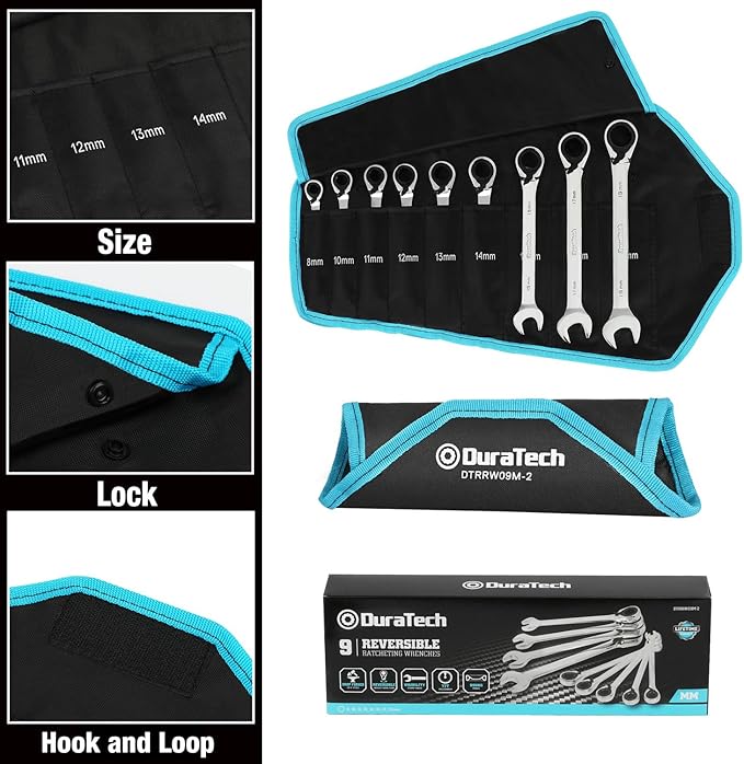 DURATECH Reversible Ratcheting Combination Wrench Set, Metric, 9-Piece, Open end Spanner with Rolling Pouch, 8 mm to 19 mm, 12 Point, CR-V Steel