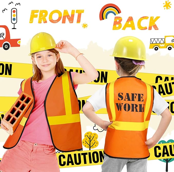 Hillban 13 Pcs Construction Birthday Party Supplies 6 Kids Construction Vests 6 Kids Hard Hat 1 Caution Tape Dressing up for Birthday Party Costume