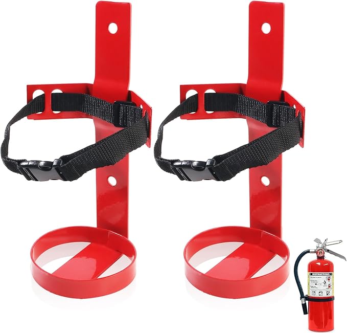 Fire Extinguisher Mount, 2.5LB Fire Extinguisher Bracket Wall Hanging Holder with Adjustable Straps for Home, Office, Garage (Red 2Pcs)