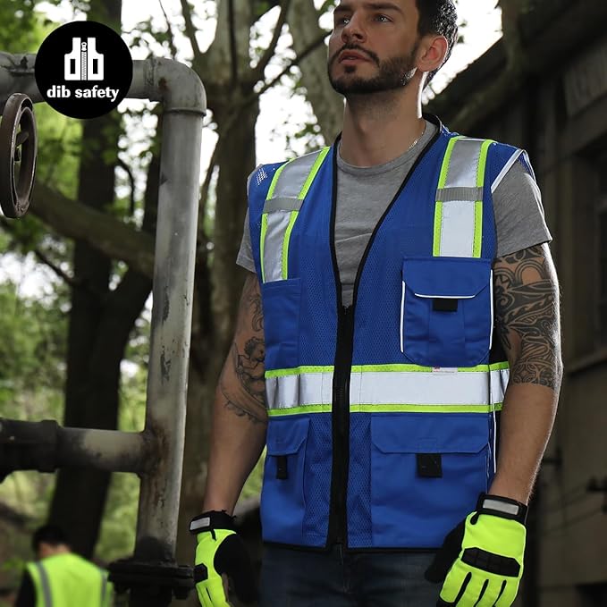 Dib Safety Reflective Vest Blue Mesh, High Visibility Vest with Pockets and Zipper, Heavy Duty, Made with 3M Reflective Tape, 3XL