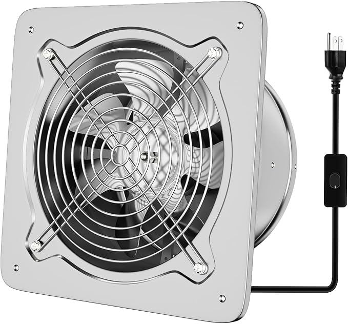 Exhaust Fan Stainless Steel Ventilation Fan with Switch Wall mounted Bathroom fan with check valve for Kitchen, Workshop, Basement (Silver, 10 inch)