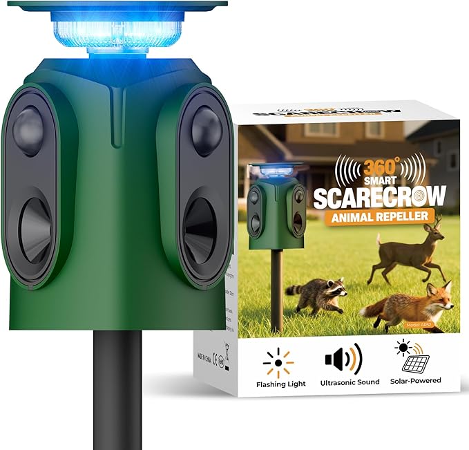 Cat Repellent Outdoor Solar Powered Ultrasonic Deer Repellent 360 Degree Animal Deterrent Squirrel Repeller with Flashing Light Outdoor Skunk Repellent Waterproof Yard Lawn Orchard Garden