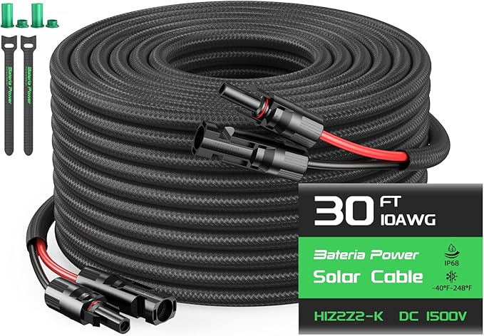 10AWG 30FT Solar Panel Extension Cable, Flame Retardant Protective Sleeving,Bateria Power Twin Wire 10 Gauge Solar Cable with IP68 Female & Male Waterproof Connectors, Dust Caps for Home, RV