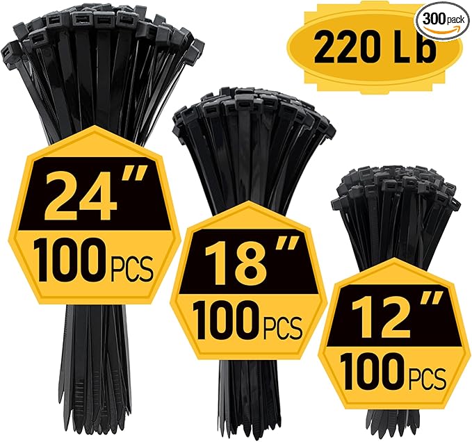 Zip Ties, Zip Ties Heavy Duty, Assorted Sizes (12"+18"+24")-300 Pack, Cable ties, Large Zipties Heavy Duty Black, Wire Ties with 220 lb Tensile Strength for Outdoor Use, Long Zip Tie, ANOSON