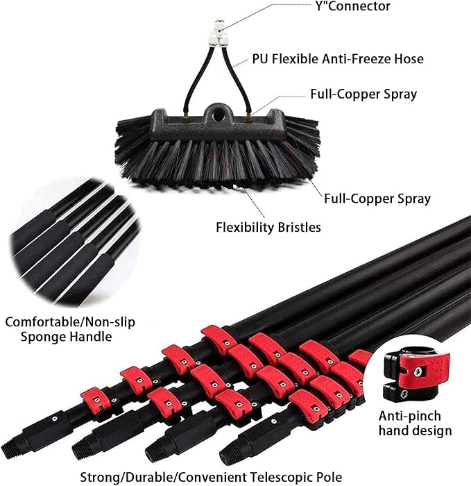 Solar Panel Cleaning Brush and Pole, Photovoltaic Panel Cleaning Tools, Water Fed Brush Kit with Squeegee, for Window Glass Roof Outdoor Glass Brush Window Washing Equipment 29cm-12m/39ft