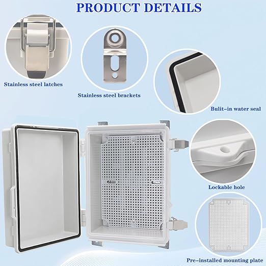 Waterproof Electrical Box with Mounting Plate, IP67 Junction Box Stainless Steel Latch Hinged Grey Cover Project Enclosure with Wall Bracket and 2 Glands 8.3" x 6.3" x 3.9"