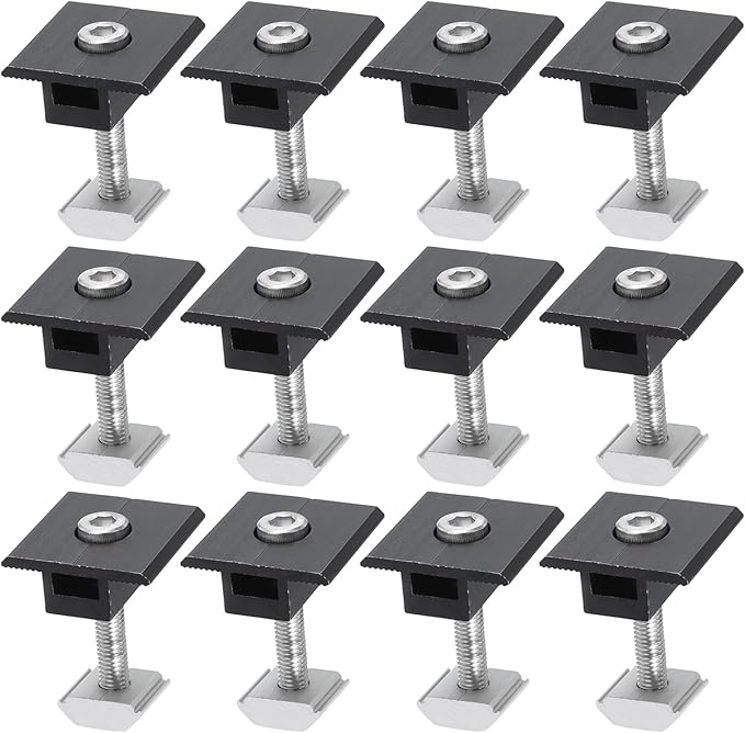 UXCELL 12Pcs Black Aluminum Solar Panel Center Clamps, PV Solar Rail Mounting System Install Hardware