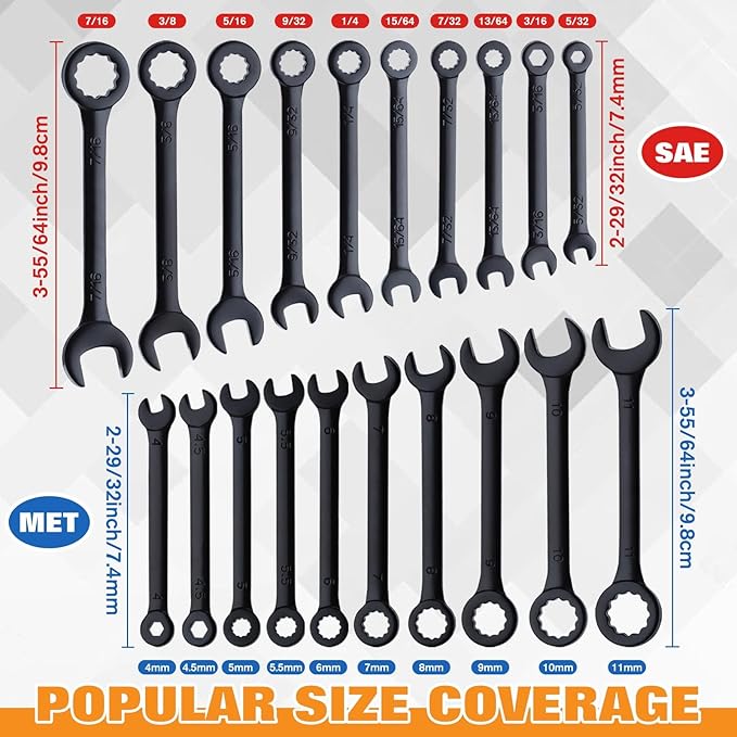 20PCS Mini Wrench Set Standard Metric and SAE 4mm-11mm & 5/32"-7/16" Open End and Box End Combination Wrench Set Super with Portable Pouch and Key Rings, Black Electrophoretic Coating