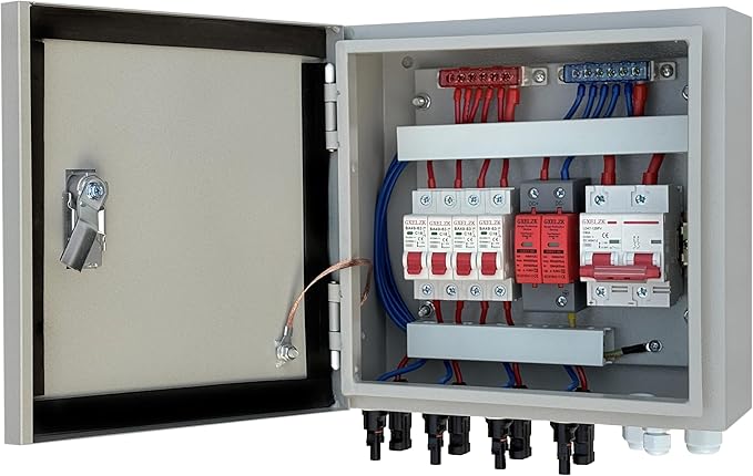 Hardcover Solar Combiner Box with 4 Strings, 80 A Circuit Breakers. This pv Combiner Box is Suitable for Off-Grid Solar Power High-Power Version