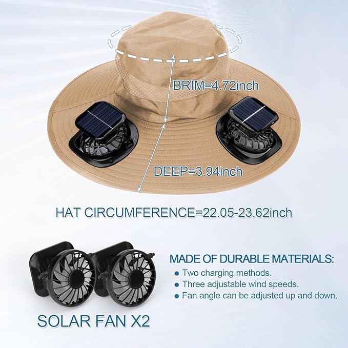 Wide Brim Solar Fan Outdoor Fishing Hat, 2 Solar Fan Hats for Men, Hat with Solar Fans Built in, Fishing Hat with Fan for Men