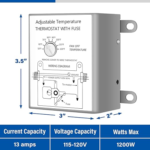 Simple Deluxe 14 Inch Wall Mounted Shutter Aluminum Exhaust Fan with Temperature Controller and Power Cord Kit, 1600 RPM, 1000 CFM, for Attic, Garage, Louvered Vent, Plant, Greenhouse, Silver