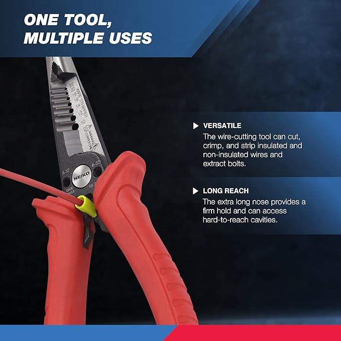 NEIKO 02038A 6-in-1 Wire Service Tool | 8-1/2" Length | Gripper, Crimper, Stripper, Cutter, Extractor, Electrician Pliers