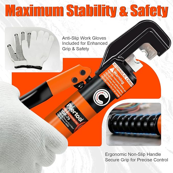 10 Ton Hydraulic Battery Cable Crimper with 9 Dies - Hydraulic Crimper Tool with Dual-Blade Weir Cutter & Spring-Loaded Handle Crimper Kit for 12-2/0 AWG, 1/8" Stainless Steel Railing