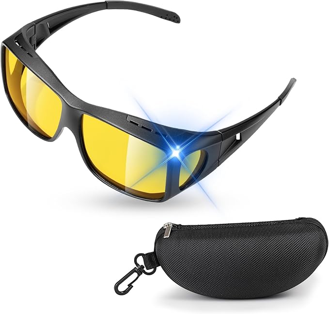 Night-Driving-Vision-Glasses Men-Women Anti-Glare - Polarized Fit Over Prescription Glasses, Night Vision Glasses for Driving,Night time,Matte Black Frame,Yellow Lens