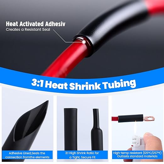 Heavy Duty 2/0 & 1/0 AWG Battery Lugs Kit - 3/8" & 5/16" Ring Terminals with Heat Shrink Tubing (16-Piece Set) - Pure Copper Cable Ends for Automotive, Marine, Solar Power Connections