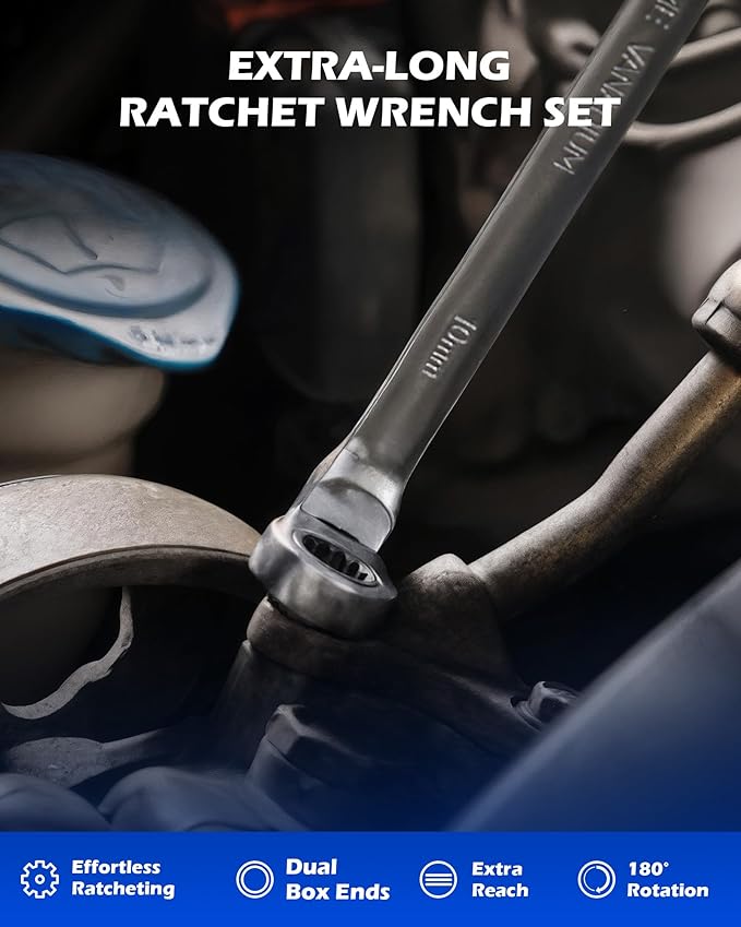 Orion Motor Tech 6-Piece Ratcheting Wrench Set, Metric 8-19 mm Flex Head Ratcheting Wrench Set, Extra Long Ratchet Wrench Set with 72 Tooth Gear & Double Box End