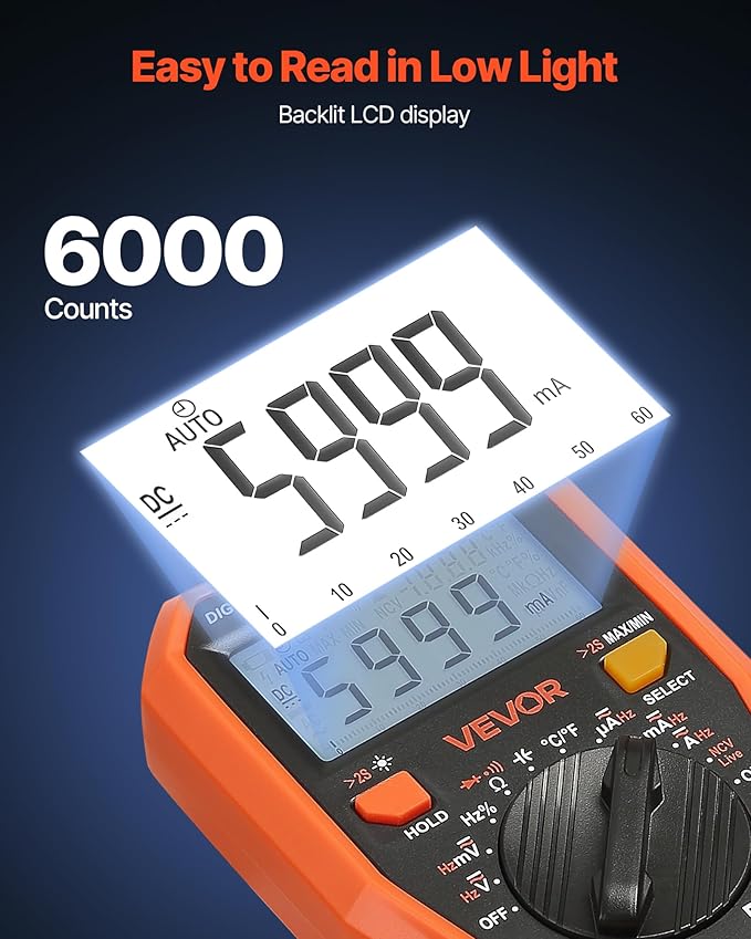 VEVOR Digital Multimeter, 6000-Count TRMS DC/AC Voltmeter Current Tester, Professional NCV Multimeter for Current Voltage Resistance Capacitance Duty-Cycle Tempetature Diodes Continuity Live Wire Test