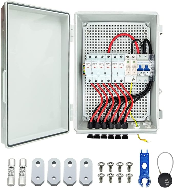 Pikasola PV Combiner Box, 6 String Solar Combiner Box with 15A LED Fuse, Lightning Arreste and 63A Air Circuit Breaker，Combiner Box for Solar Panel On/Off Grid System, IP65 Water Resistant