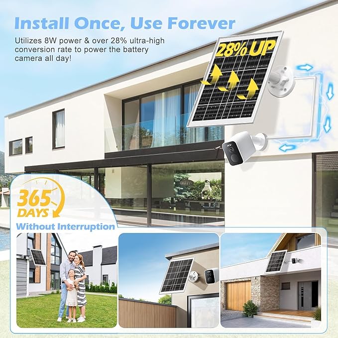 8W Solar Panel Charger for Outdoor Security Cameras, with Micro USB/USB-C and DC (35 x 135) Port, Fits Ring/Eufy/Wyze/Bird Feeder Camera, 13ft Cable, Fast Charging (2 Pack)