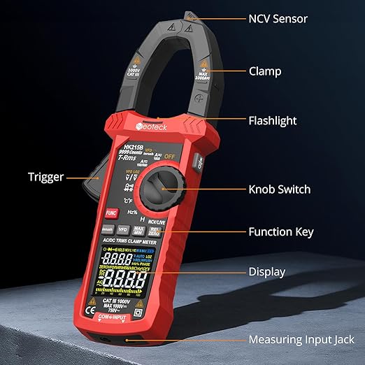 Neoteck Clamp Meter 9999 Counts 1000A Amp Clamp Multimeter with Inrush VFD LOZ TRMS Mode Colorful Screen Amp Meter for AC/DC Current&Voltage Resistance Capacitance Frequency Continuity Diode NCV