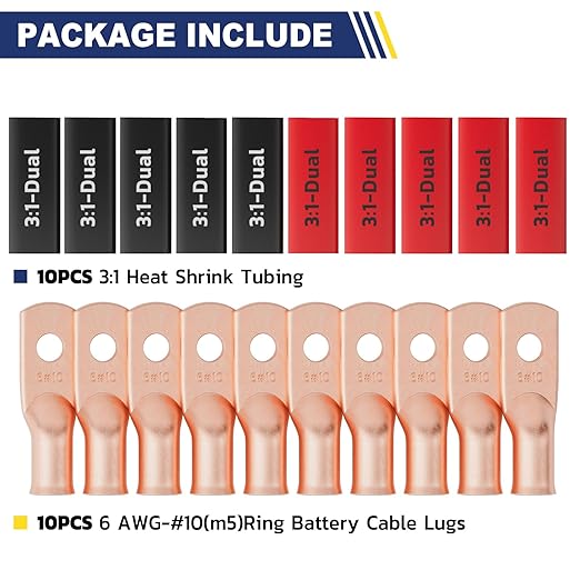 haisstronica 10pcs 6 AWG - #10 Battery Cable Lugs, Heavy Duty Copper Wire Lugs with 10pcs 3:1 Adhesive Heat Shrink Tubing, 6 Gauge Wire Connectors Battery Terminal Connectors, Battery Cable Ends