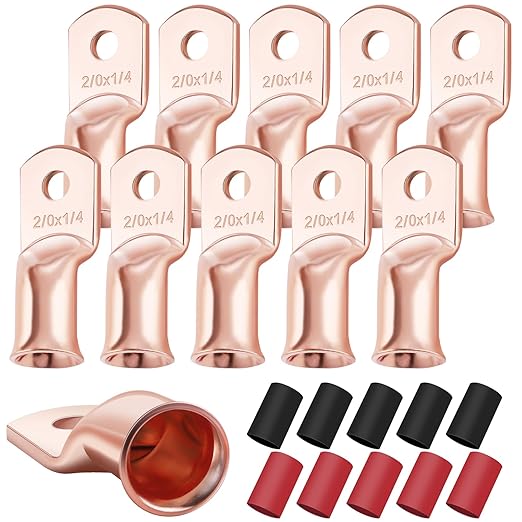 XHF 10PCS 2/0 AWG-1/4 Heavy Duty Battery Lugs with 3:1 Heat Shrink Tubing, Ring Terminals Battery Cable Ends Copper Eyelets Electrical Battery Connectors