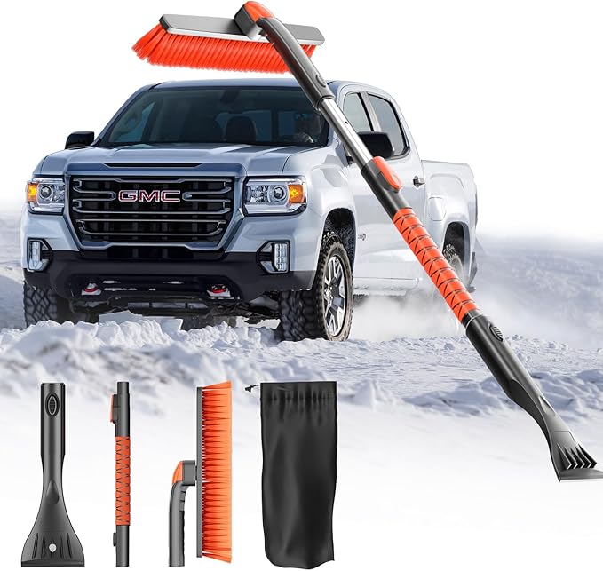 [Upgrade] Ice Scraper & Extendable Snow Brush for Car Windshield [Military-Grade Sturdy] - 360° Pivoting Brush Head with Silicone Grip for Effortless One-Swipe Clean on Auto (Large)