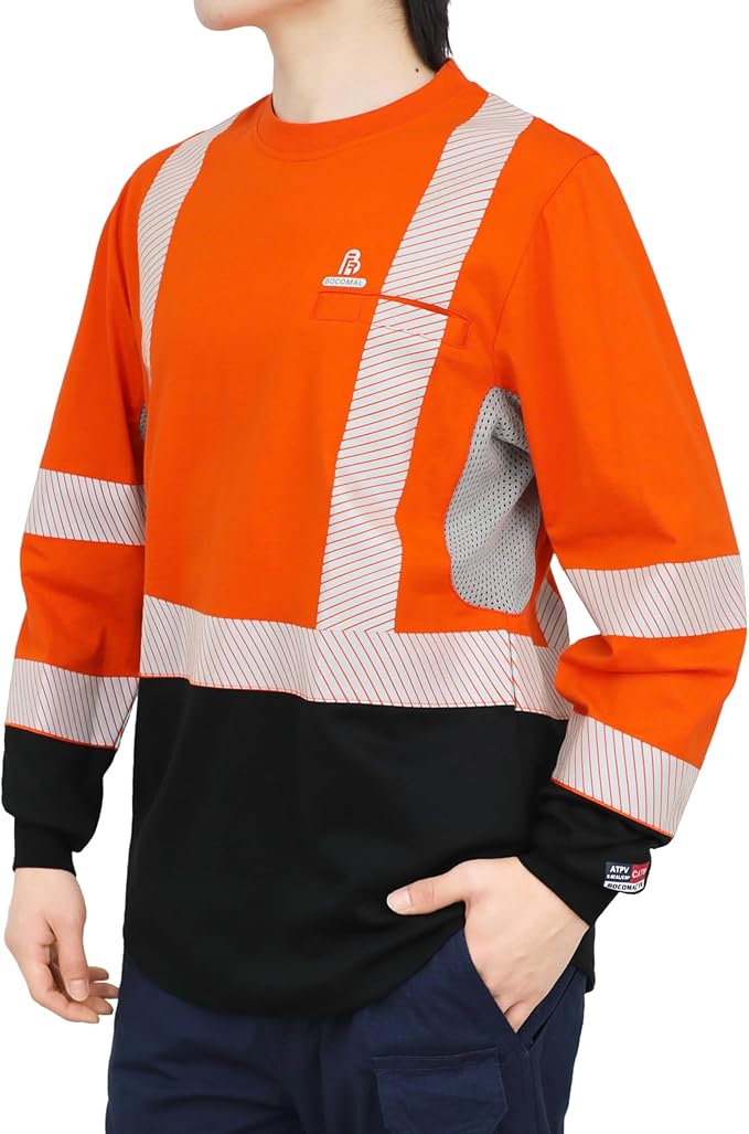 BOCOMAL Reflective FR Shirts High Visibility Summer Vented Mesh Long Sleeve Crewneck Lightweight Flame Resistant Workwear