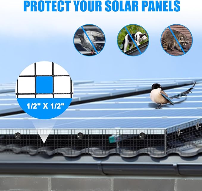 8in X 100ft Solar Panel Bird Guard - 1/2" Black PVC Mesh Galvanized Rust-Resistant Net, Critter Guard for Solar Panels with 70 Fastener Clips, Gloves, Cutting Pliers