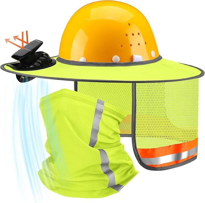 1 Set Sun Hard Hat with Solar Fan Shade Full Brim Hard Hat and Neck Sunshade Cover High Visibility Full Brim Mesh with Reflective Strip for Outdoor Summer Protection