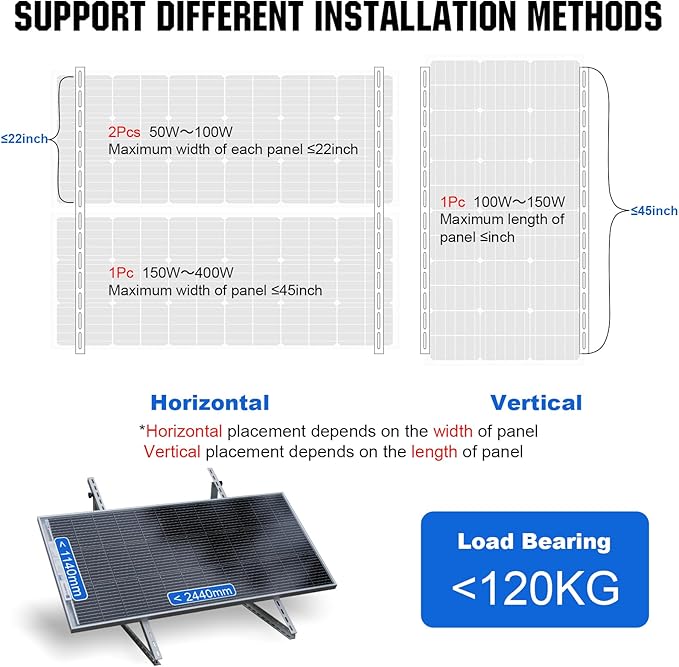 ECO-WORTHY 4 Sets 45inch Adjustable Solar Panel Mount Brackets Stand with Foldable Tilt Legs, Ideal for 4-8pcs 100 200 300 400 Watt Solar Panel for Roof, RV, Boat, and Off-Grid