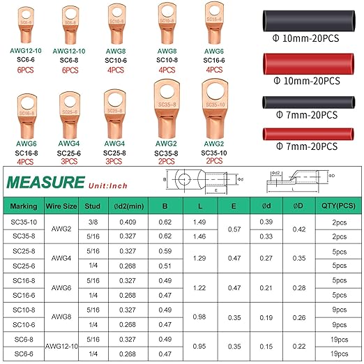 Twidec/160PCS Battery Cable Ends AWG 2 4 6 8 10 12 Gauge Copper Cable Wire Lugs,Ring Terminals Connectors,Copper Ring Terminals Connectors with Heat Shrink N-095-160PCS