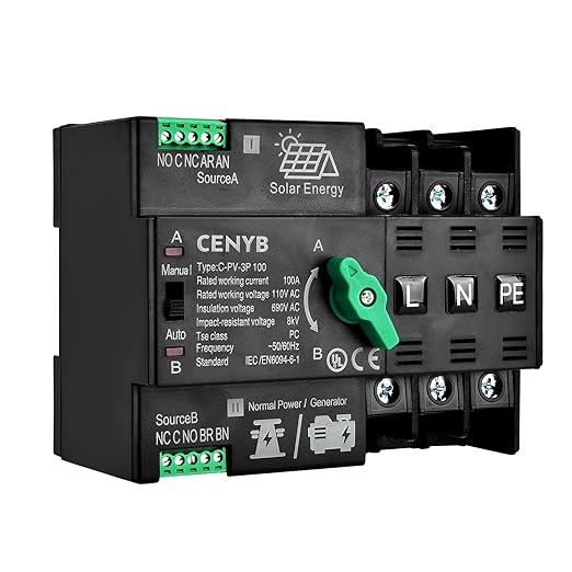 PV - Dedicated Automatic/Manual Transfer Switch Mini ATS Solar Auto Dual Power Switch 3P 100A AC110V Uninterrupted Power Supply DIN Rail Mount Toggle Changeover Module