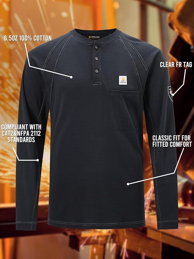 FR Shirts for Men Light Weight Flame Resistant Henley Shirts Long Sleeve Shirts HRC2/CAT2 6.5oz 100% Cotton